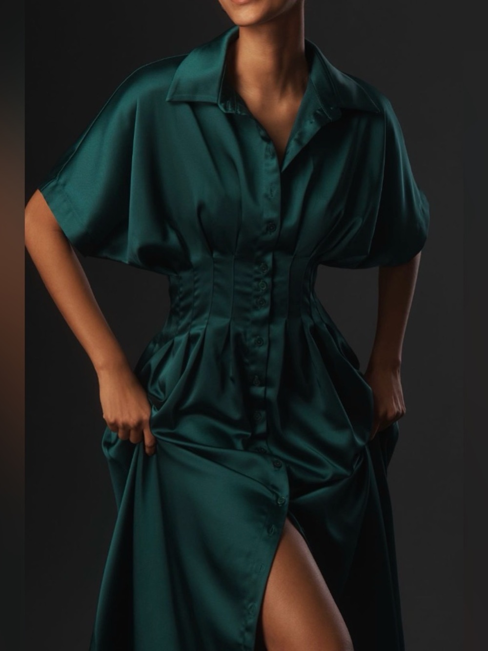 Anthropologie The Tobie Emerald Green Satin Maxi Shirt Dress by Exquise, Size LP - Picture 3 of 14